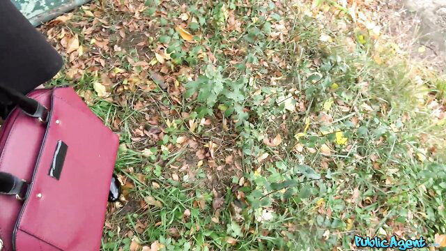 Madison Lush red bag on grass outdoor public tease