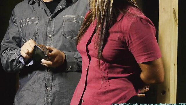 Adara in red dress groped by man holding wallet, BDSM prep