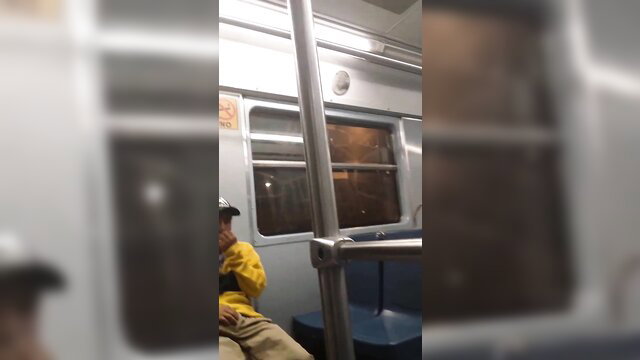 Mexican mature daddy jerks off in public metro train