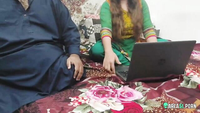 Pakistani sister in green salwar kameez caught by brother on bed with laptop