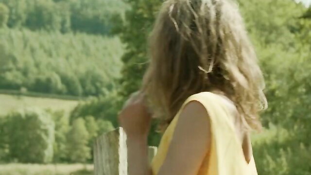 Ethelle Gonzalez Lardued nude blonde in yellow dress, forest scene
