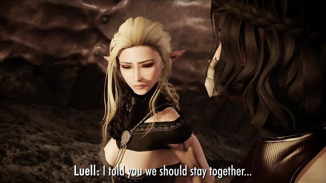 Blonde elf Luell in black lingerie urges staying together in dark cave