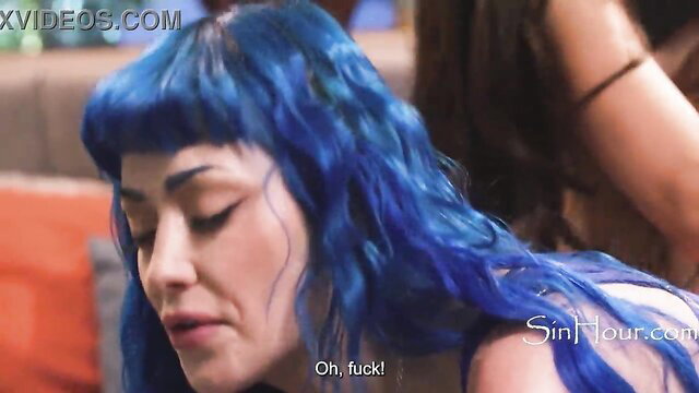 Blue-haired babe gasping 'Oh fuck' in freeuse threesome bang