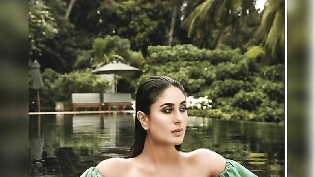 Kareena Kapoor wet look in green off-shoulder top by poolside