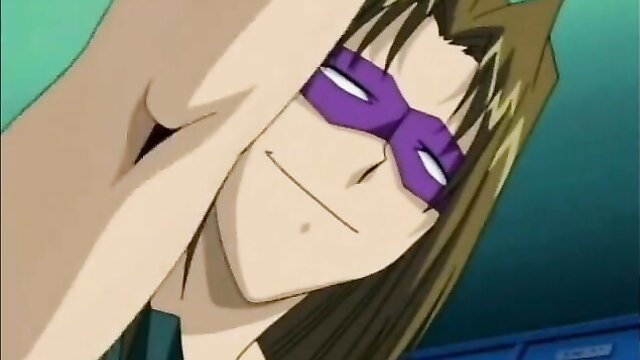 Anime guy in purple mask smirks while fingering clerk's holes