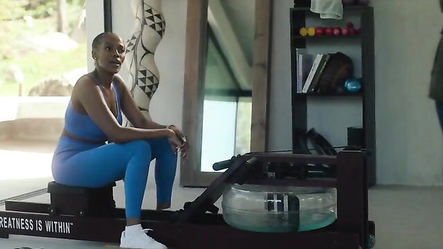 Katlego Lebogang hot in tight blue workout set on rower, sexy pose