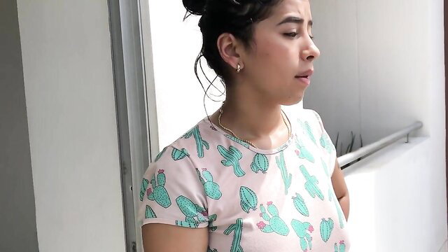 Asian stepmom in pink cactus tee, big bun hairstyle, side profile tease