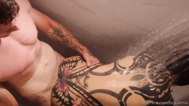 BigCatMia tattooed body blasted with cum by guy in shower ecstasy