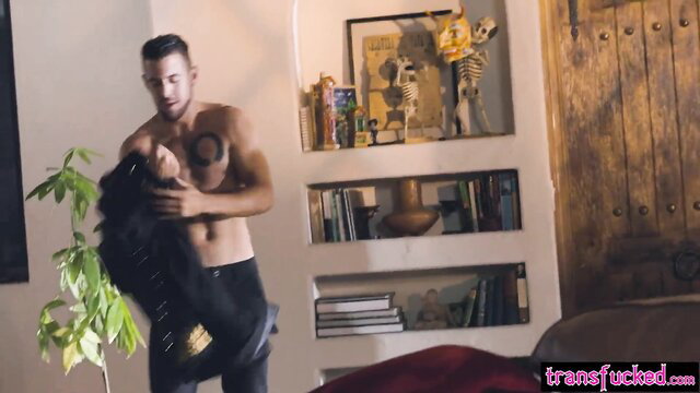 Muscular shirtless hunk holds black leather pants with plant in transfixed bedroom scene