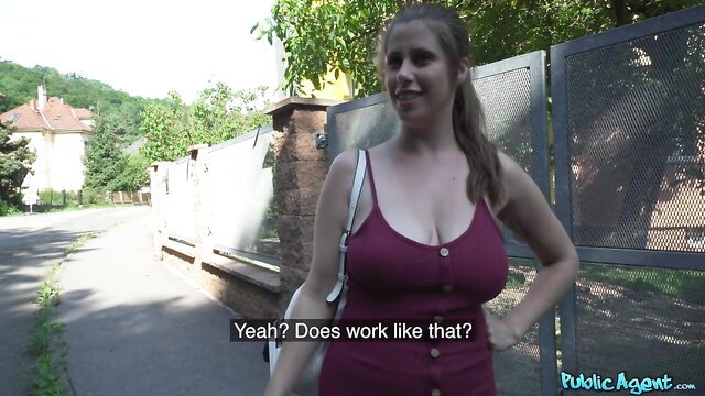 Cute Lyne in tight dress smiles outdoors, Public Agent Erik Everhard