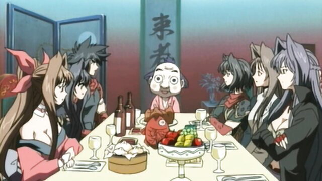 Guren Ep.2 hentai orgy: catgirl kemonomimi beauties dining with old man