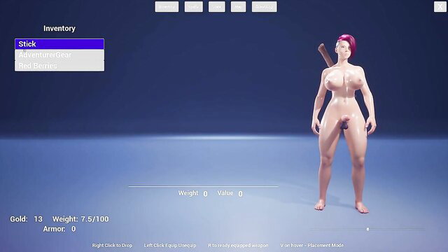 Nude pink-haired busty transgender model with bat in open-world porn game inventory