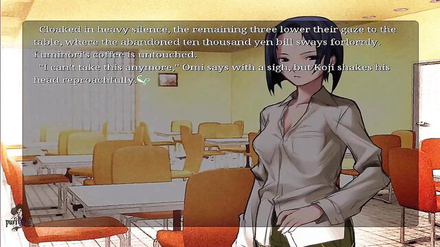 Brunette anime beauty Omi in tight blouse, seductive classroom tease