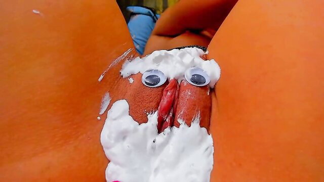 RedAssHottie closeup pussy with whipped cream Santa googly eyes