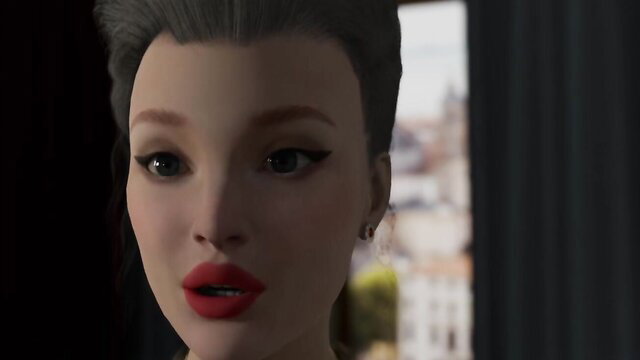 Asian baroness in red lips closeup, luxury Venice room seduction