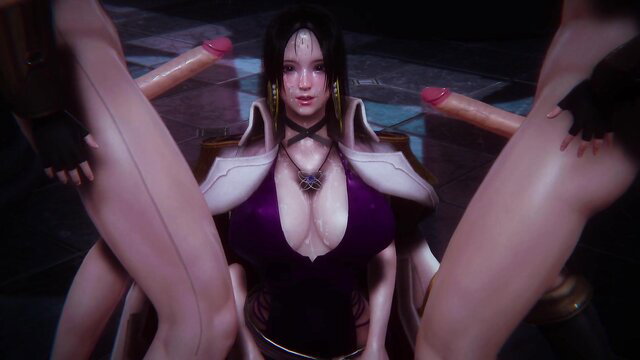Boa Hancock One Piece hentai: huge tits empress surrounded by huge cocks
