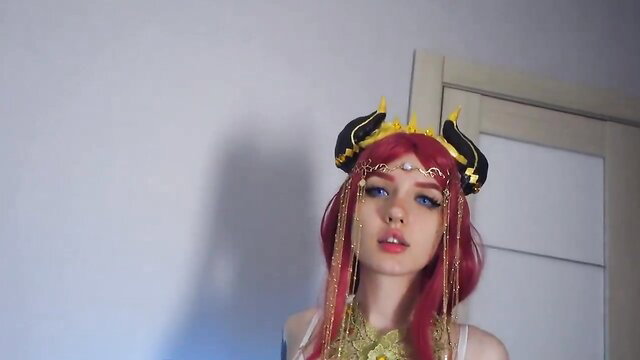 Priva in sexy red horned headdress cosplay, seductive gaze