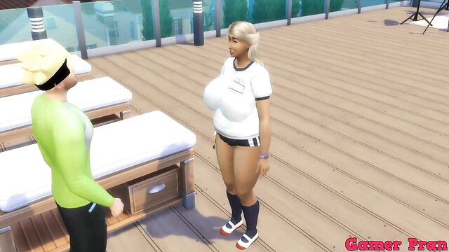 Blonde fat step-mom in tight gym clothes chats with step-son on Boruto helps anal oral