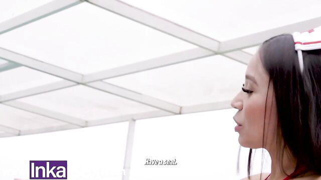 Asian dollish girlfriend InkaSex in nurse headband seductive profile view