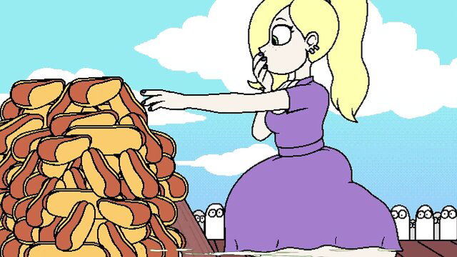 Blonde princess Billie gapes at massive hot dog stack in belly stuffing scene