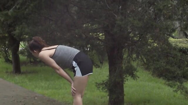 Renata Rivas sexy bending over in shorts, hot park stretch nude tease