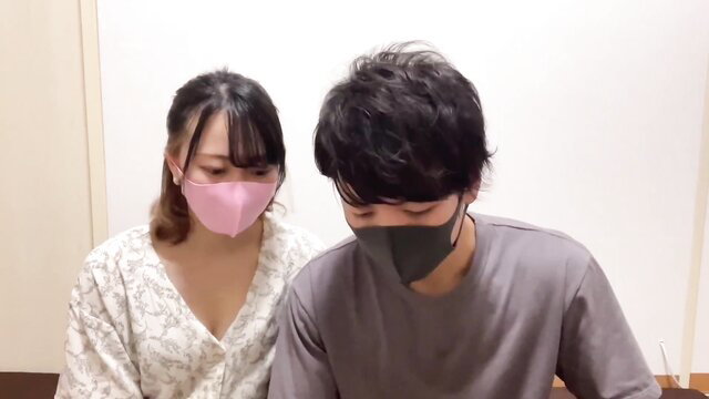 Japanese amateur couple in masks, woman in blouse, man shirtless, close meditation sex tease