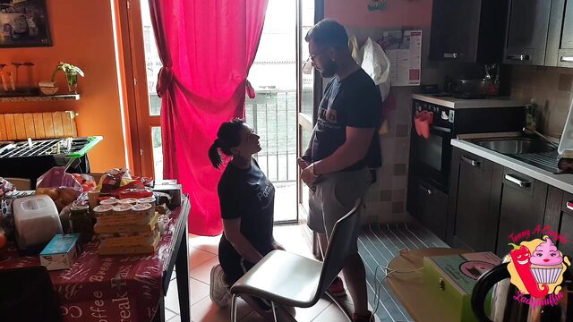 Ladymuffin kneels before Tommy A Canaglia in kitchen milf preview
