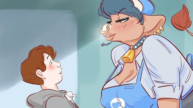 Punk minotaur barista bullies cute boy customer with huge tits and cow nose ring
