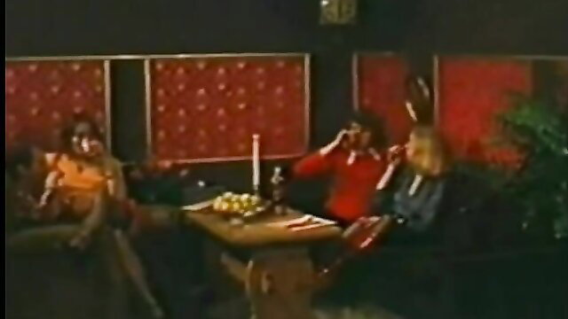 Vintage 70s swingers party with three hairy Euro models lounging nude