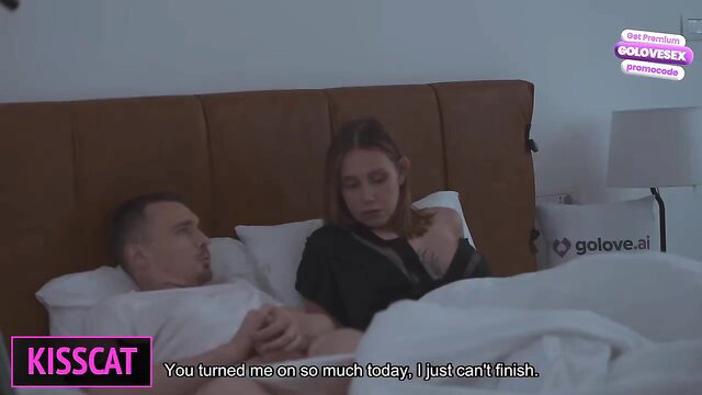 Kisscat amateur couple in bed turned on, can't finish HD smut