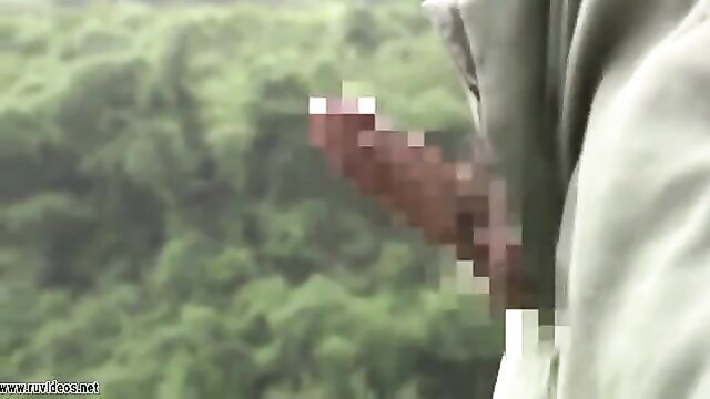 Asian JAV woman in hijab outdoors exposing erect penis closeup