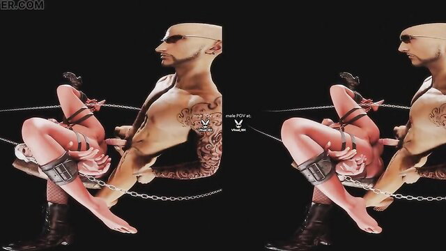 Chained Yennefer & Ciri BDSM pussy swap FFM threesome