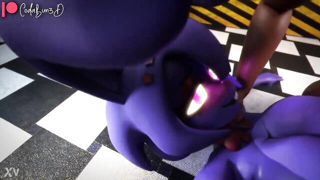 Purple animatronic Bonnie Bonfie fellating brown Fredina in hot FNAF porn