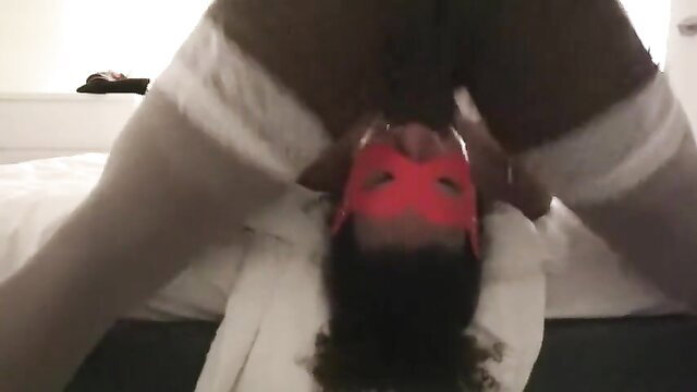 Black trans girl in red mask deepthroats cock upside down, Killer T-Girl Mouth Bangs a Boy