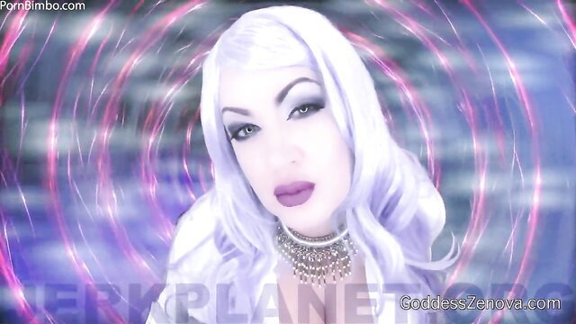 Goddess Zenova hypnotic white-haired beauty in swirling lights