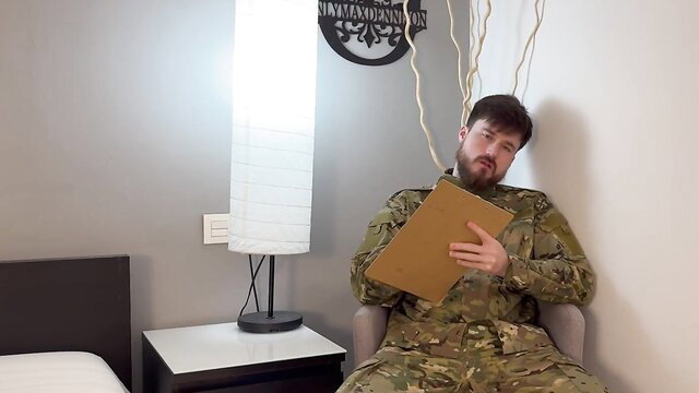 Maxdennison in camo uniform holding clipboard, sph restroom gimp recruit