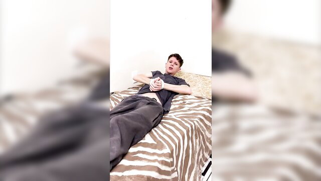 Kedoimeth tighted up lad restrained on bed displaying off