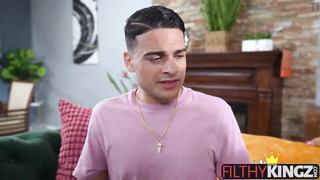 Handsome Latino man in pink tee on couch in creampie MILF preview