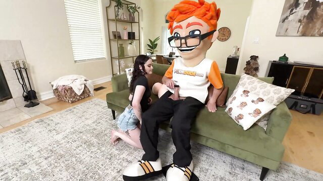 Girl sucks mascot fursuit cock on couch in amateur oral