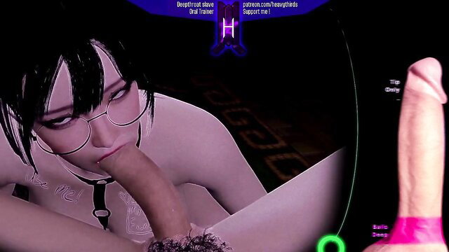 Anime glasses girl with black hair sucks thick veiny cock closeup