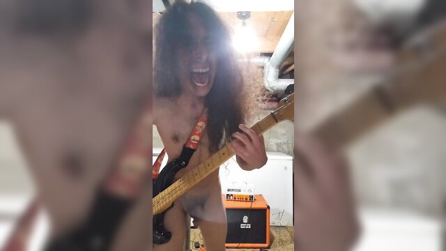 Brobee naked bass coat solo playing guitar Ramones cover