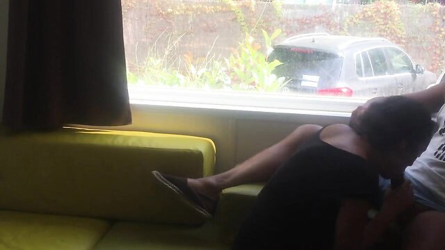 Wife risky blowjob by window in camper van, amateur outdoor exposure