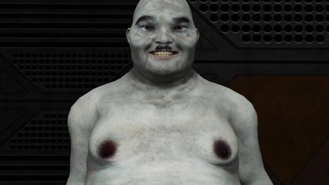 Gray-skinned bald alien male grinning on space slave battleship