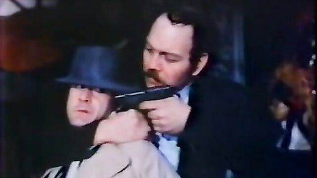 Farewell Scarlet 1975: Man holds gun to hostage neck in tense vintage porn scene