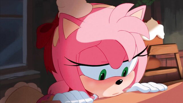 Amy Rose pink hedgehog in sad aroused expression, Christmas hat and bow