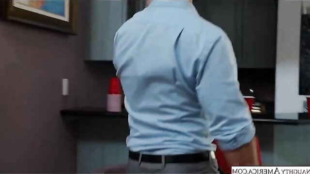 Man in blue shirt and gray pants in kitchen, Big Tits Redhead Hard Fuck thumbnail
