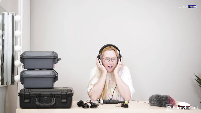 Rebecca Volpetti in headphones, excited studio setup - HornyHostel