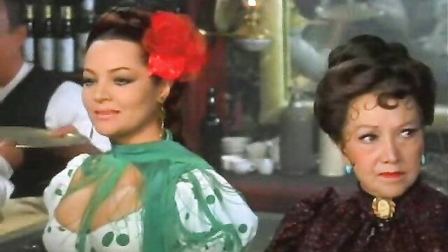 Sara Montiel in sexy cleavage dress with red flower, La mujer perdida 1966