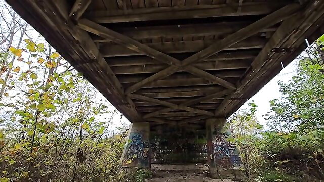 Covered bridge under piss and thick cumshot outdoor fetish scene