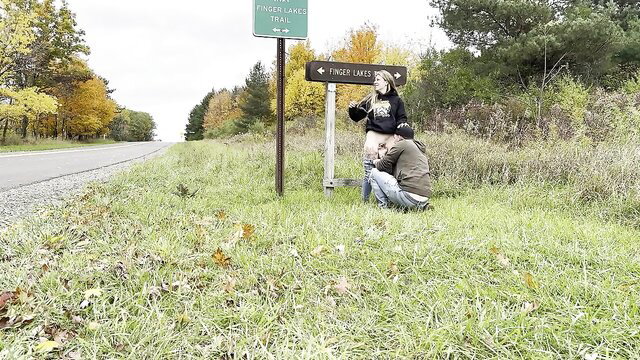 Blonde milf fingered outdoors at Finger Lakes sign in lesbian sex